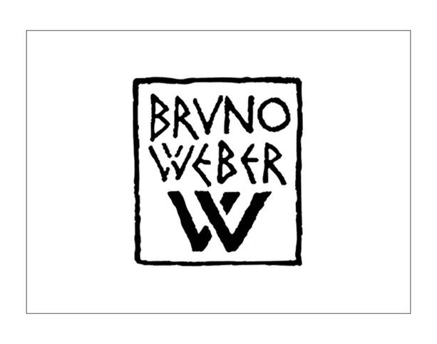 Schwarz-weisses Logo des Bruno Weber Parks mit stilisiertem Schriftzug „BRUNO WEBER“ und Initialen „BW“ in einem rechteckigen Rahmen