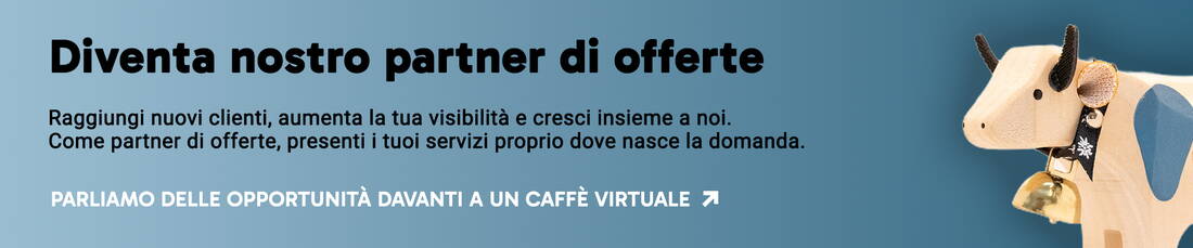 Una figurina di mucca in legno con campanella, posta su uno sfondo blu. L’immagine simboleggia partnership, vicinanza regionale e l’invito a diventare partner di offerte MiBon.