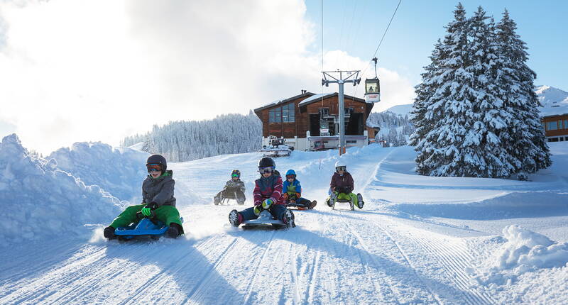 Familienausflug Schlitteln. Gleite mit der ganzen Familie auf unserer 3 km langen, abwechslungsreichen Schlittelpiste ins Tal und spüre das Schneegestöber im Gesicht. Der Schlitten zu diesem Spass kann bei der Bergstation Prodalp gemietet werden.