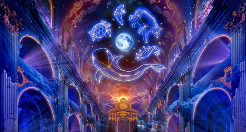 Una proiezione impressionante trasforma la navata della chiesa in un'opera d'arte cosmica. Costellazioni e animali luminosi creano un'atmosfera mistica al Festival delle Luci di Lucerna.