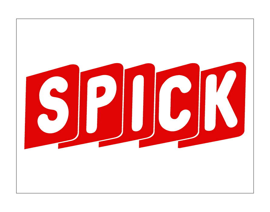 Logo mit rotem Schriftzug „SPICK“ auf weissen Buchstaben, angeordnet auf roten Karten.