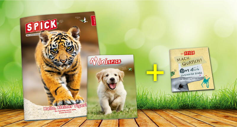 Deux éditions du magazine pour enfants et jeunes SPICK: à gauche la couverture avec un tigre et à côté MiniSPICK avec un chien. En plus, un livret «Fais des bêtises!» pour des idées créatives.