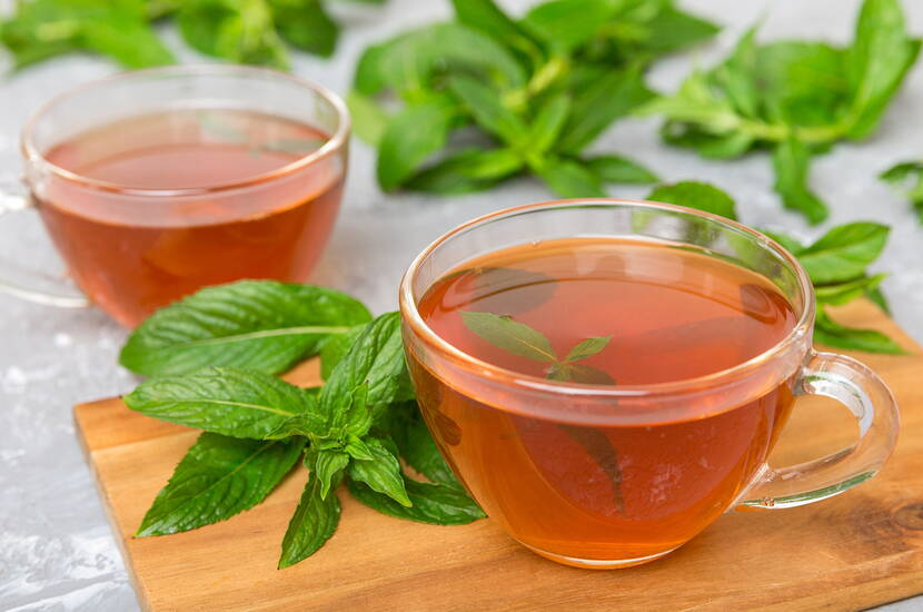 Tè rinfrescante alla menta piperita in tazze di vetro Tè alla menta piperita fatto in casa con foglie fresche – calma lo stomaco e allevia il mal di testa