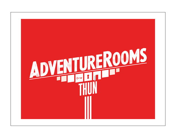 Rotes Logo von AdventureRooms Thun mit weissem Schriftzug und grafischen Elementen wie Schlüssel und Schloss.