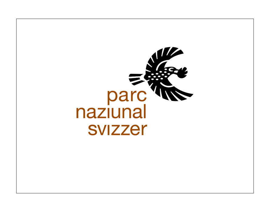 Logo mit schwarzer Vogelgrafik und braunem Schriftzug „parc naziunal svizzer“.